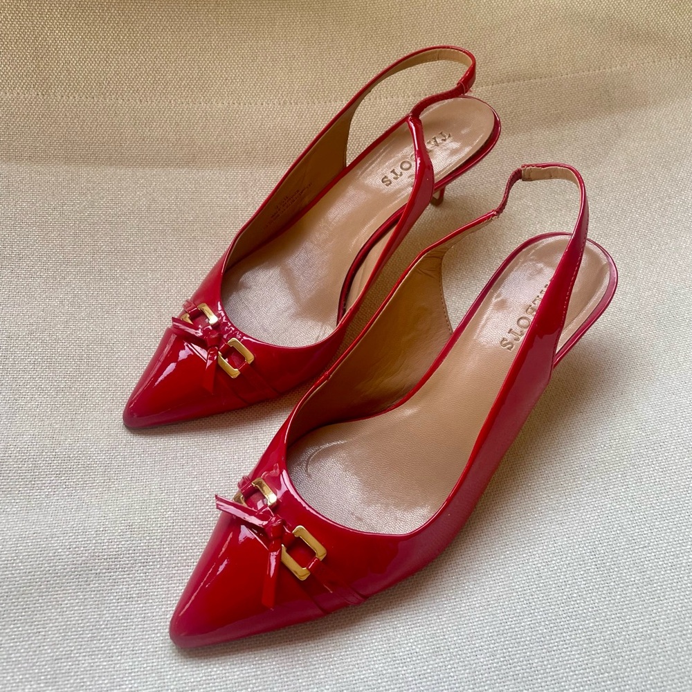 Talbots Cherry Red Leather Kitten Heels with Gold Buckle Bow Detail